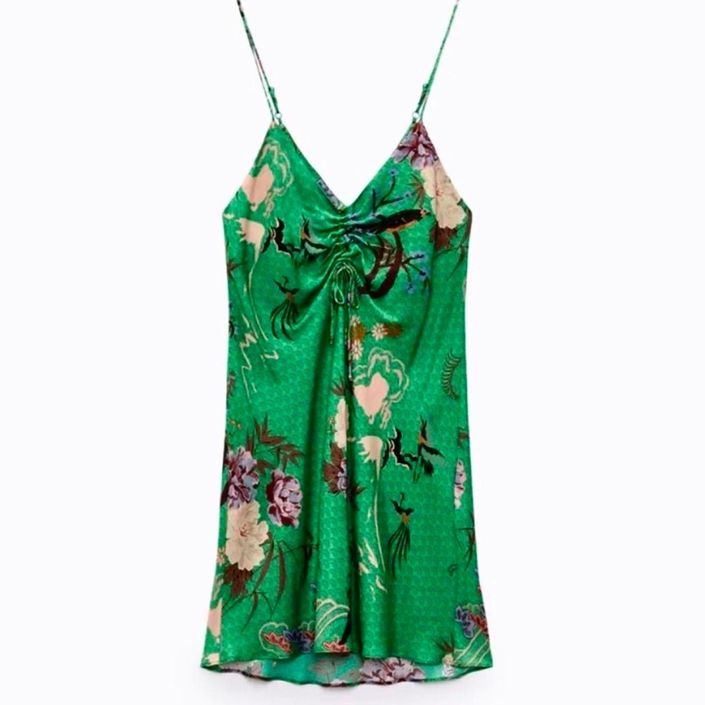 Zara Green satin/silk-like slip mini dress